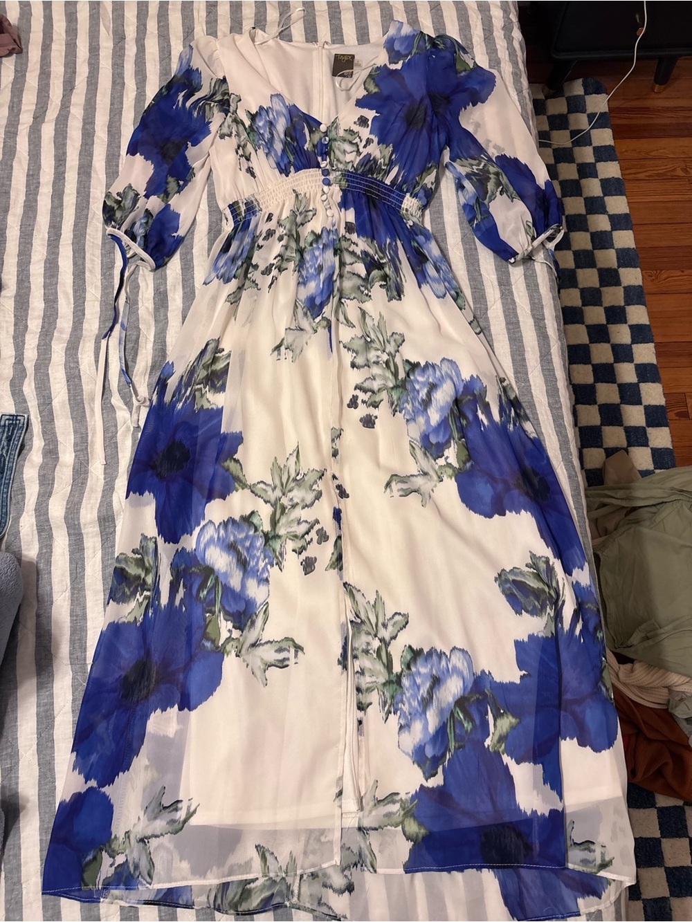 Taylor White Dress with Blue Trim